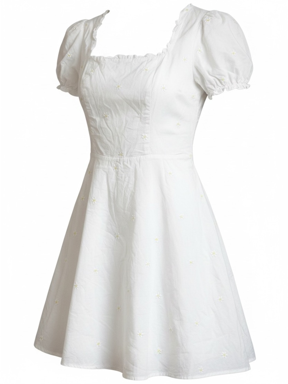 White 100% Cotton with Embroidered Daisies Mini Dress Sequin Hearts Size XL